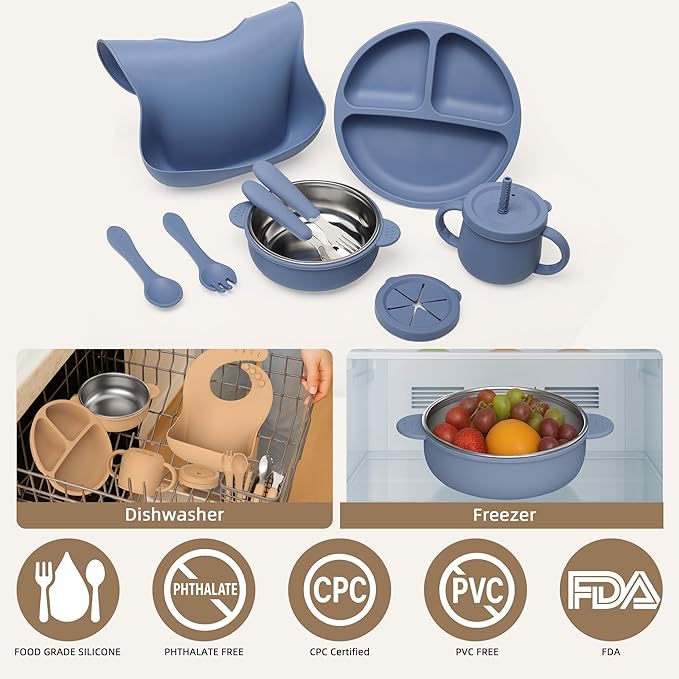 27 Pack Silicone Baby Feeding Set, Hepotk BPA-Free Food Grade Baby Feeding Essentials Utensils, Second Stage Baby Food Eating Utensils, Set of 3 babies(Brown, Blue, Green)