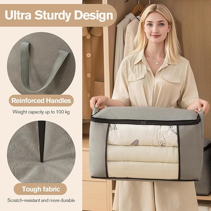 Large Storage Bags, Clothes Storage Bins Foldable Closet Organizers Storage Containers with Durable Handles Thick Fabric for Blanket Comforter Clothing Bedding(grey, 60L (4Pick)