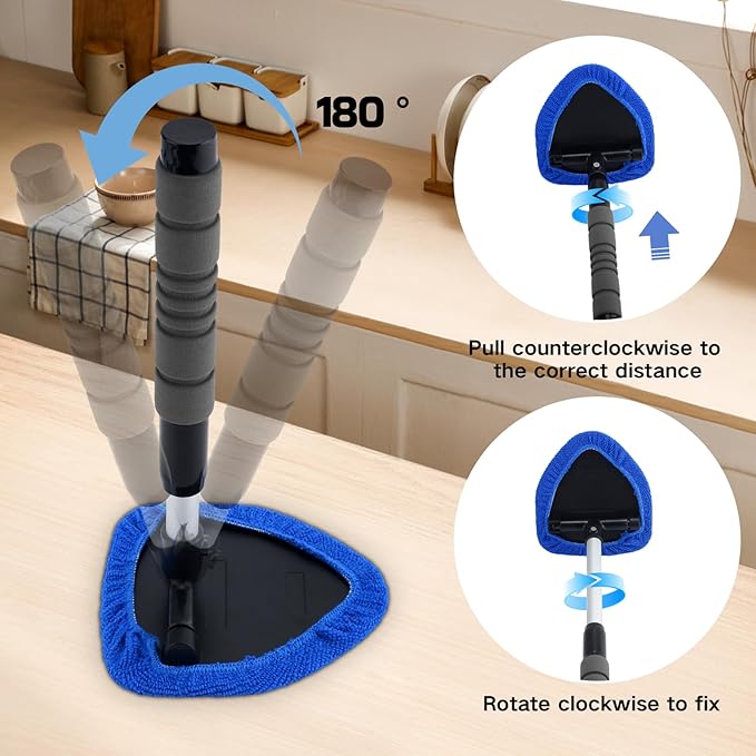 9PCS Windshield Cleaner Tool Kit,Car Window Cleaner with Extendable Handle&6 Reusable Microfiber Pads&Brush&Spray Bottle,Car Interior&Exterior Window Cleaning Tool,Glass Wiper Brush Kit for Car Home