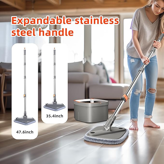 Spin Mop and Bucket Set with Self Separation Dirty and Clean Water System with 6pads, Square Mop Bucket Self Wringing 360° Rotating Clean Floor Mop-Head for Hardwood Tile Marble Floors-6Pads