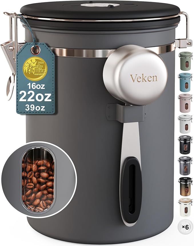 Veken Coffee Canister with Window,Airtight Stainless Steel Kitchen Food Storage Container, Date Tracker & Scoop for Grounds Coffee, Beans, Tea, Flour