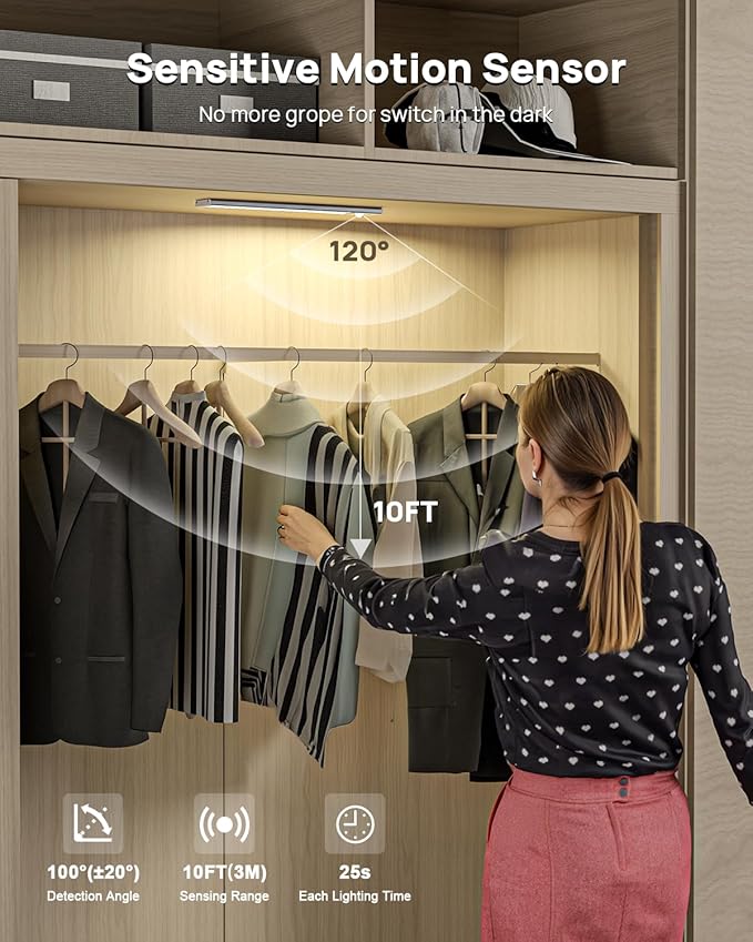Under Cabinet Lighting with Remote, 12" Motion Sensor Light Indoor, Rechargeable LED Closet Light Wireless, 3 Color Temps & Dimmable, Magnetic Under Counter Lights for Kitchen, Stairs, Pantry, 5 Pack