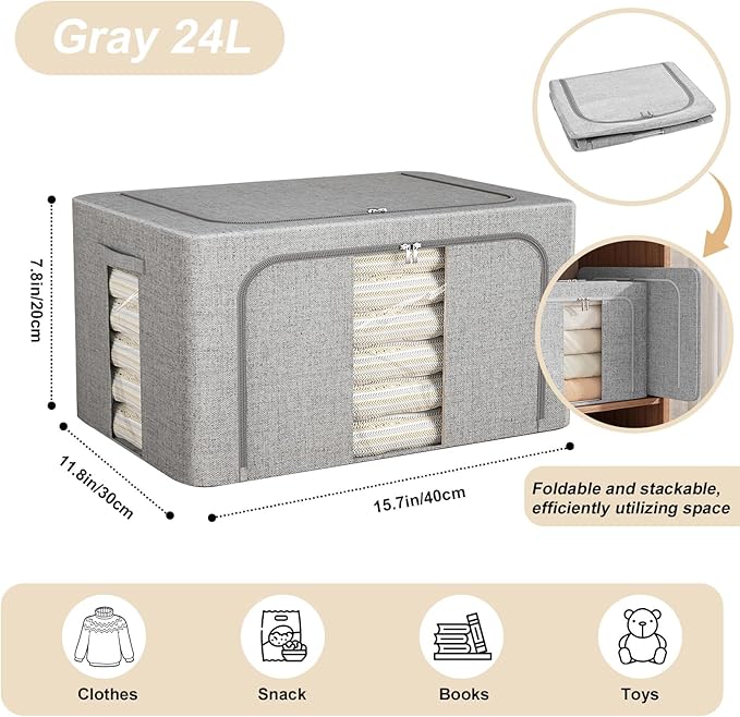 Amiya Clothes Storage Bins with Metal Frame,3-Pack Foldable Linen Fabric Storage Box with Lids, Stackable Organization and Storage Bins with Clear Window,Zippers,Handles(Grey,24L)