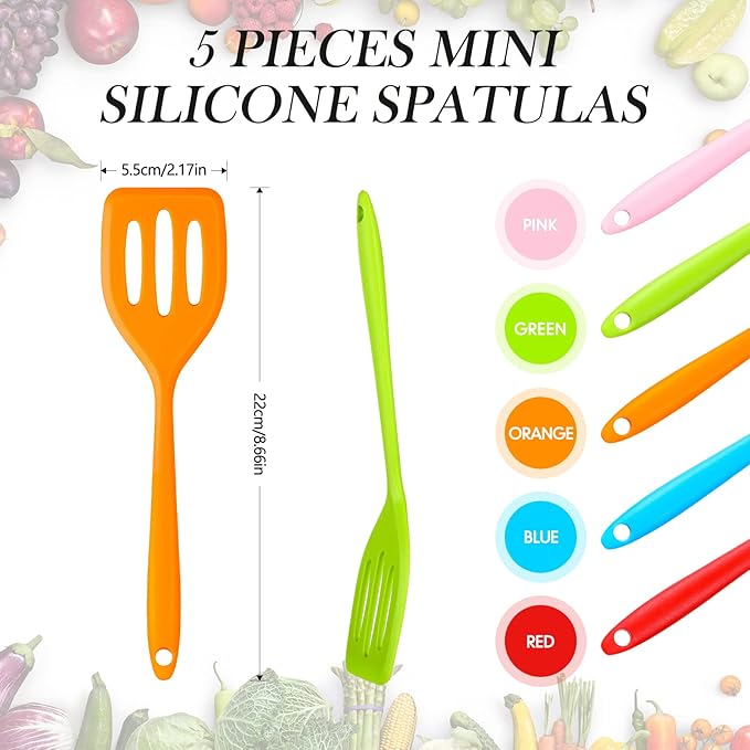 5 Pack Small Silicone Spatula Mini Rubber Turner High Heat Resistant Slotted Egg Fish Spatula Flipper Small Pancake Turner Mini Serving Cooking Kitchen Utensils (Red Blue Green Orange Pink)