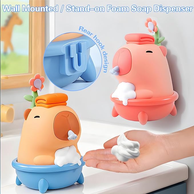Capybara Automatic Soap Dispenser - Cute Kids Foam Soap Dispenser, Hand-Free IPX7 Waterproof USB Rechargeable Hand Sanitizer‌ Sensor Dispensers 9.5oz, Boys Girls Toddlers Birthday Gift, Pink
