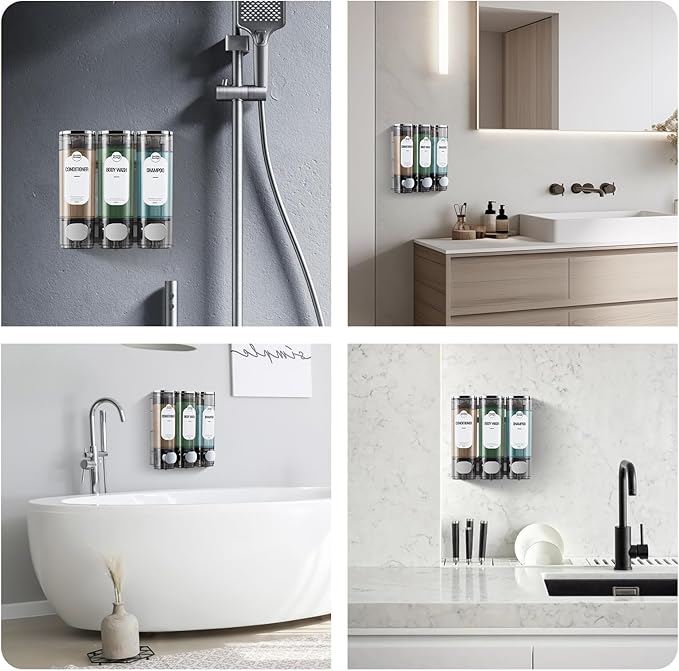 Shampoo and Conditioner Dispenser, Shower Soap Dispensers 3 Chamber No Drill Refillable Wall Mounted Shampoo Body Wash Dispenser for Shower 3 * 300 ml Container for Bathroom Hotel RV, Clear