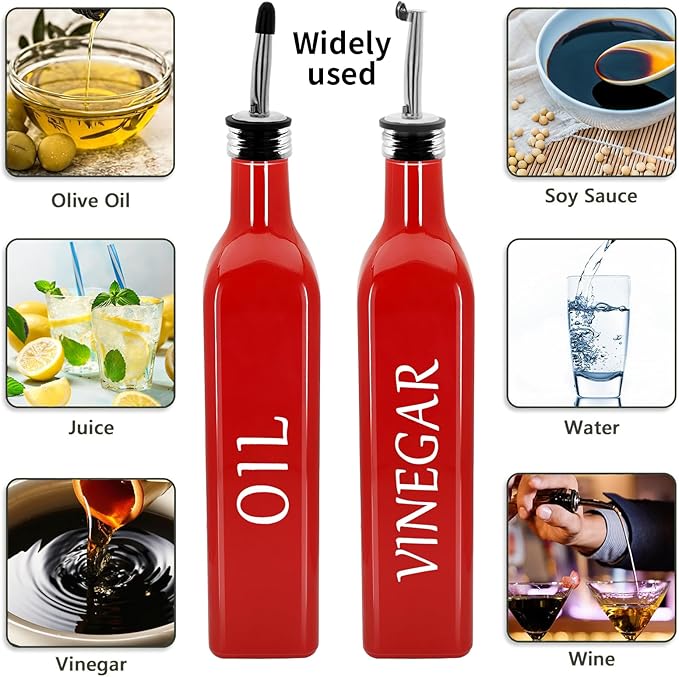 Olive Oil Dispenser Bottle,2 Pcs 17oz 500ml Glass O il and Vinegar Dispenser Set with 2 Stainless Steel Pourers, 8 Labels,Funnel Vinegar Bottles for Kitchen (Red)