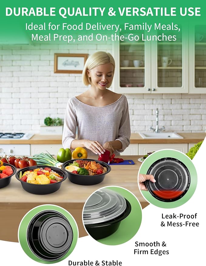 UMT Plastar 32 oz Round Meal Prep Bowls with Lids, 50 Pack BPA-Free To Go Food Containers, Microwave Freezer Dishwasher Safe