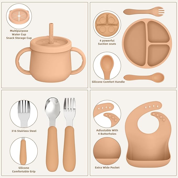 27 Pack Silicone Baby Feeding Set, Hepotk BPA-Free Food Grade Baby Feeding Essentials Utensils, Second Stage Baby Food Eating Utensils, Set of 3 babies((Brown, Beige, Grey)