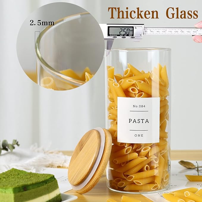 CZSZYGHBAO 5 Pack Glass Jars with Bamboo Airtight Lids - Stackable Food Storage Containers with 132 Pantry Labels - with Wood Lid for Candy, Cookie