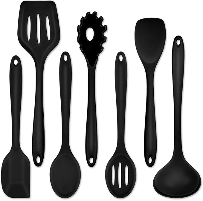 P&P CHEF Silicone Cooking Utensils Set of 7, Heat-proof Kitchen Utensils Set for Nonstick Cookware, Non-stick Spatula, Slotted Turner, Soup Ladle, Pasta Server, Spoon for Cooking Serving - Black