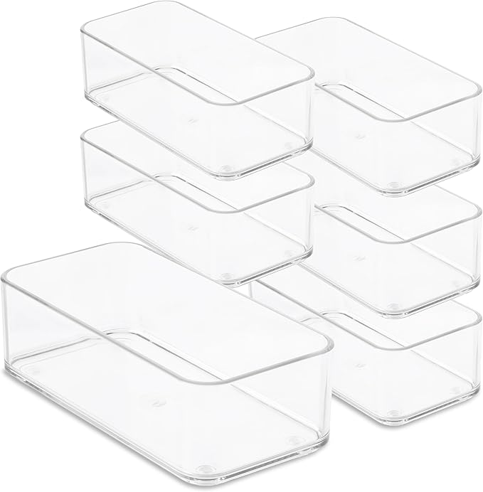 primebox Plastic Clear Drawer Organizers. Bathroom, Kitchen, Bedroom, Nail Polish, Office Organizer Bins, Storage Trays. Heavy Duty, Stackable. 6" x 3" x 2" Set of 6