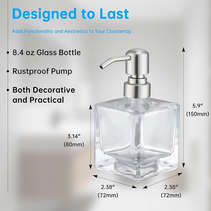 Hand Soap Dispenser Square with Brushed Nickel Pump, 8.4 oz Liquid Clear Glass Soap Dispenser with Stainless Steel Pump for Dish Soap Bathroom Kitchen Vanity Countertop