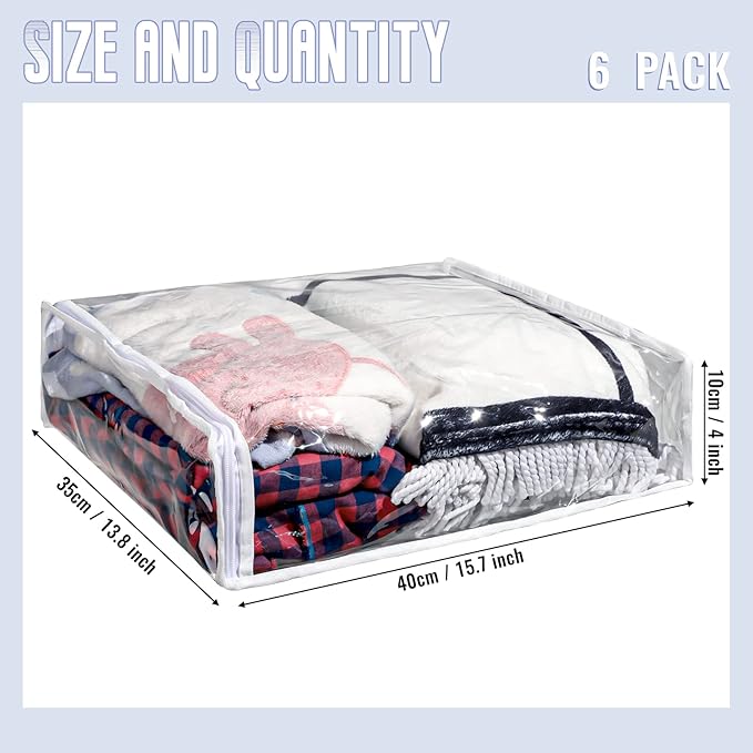 6 Packs Clear Zippered Storage Bags Sweater Moth Bags Plastic Storage for Blankets Clothes Bed Sheet Organizer with Zipper for Closet Linen Sweater