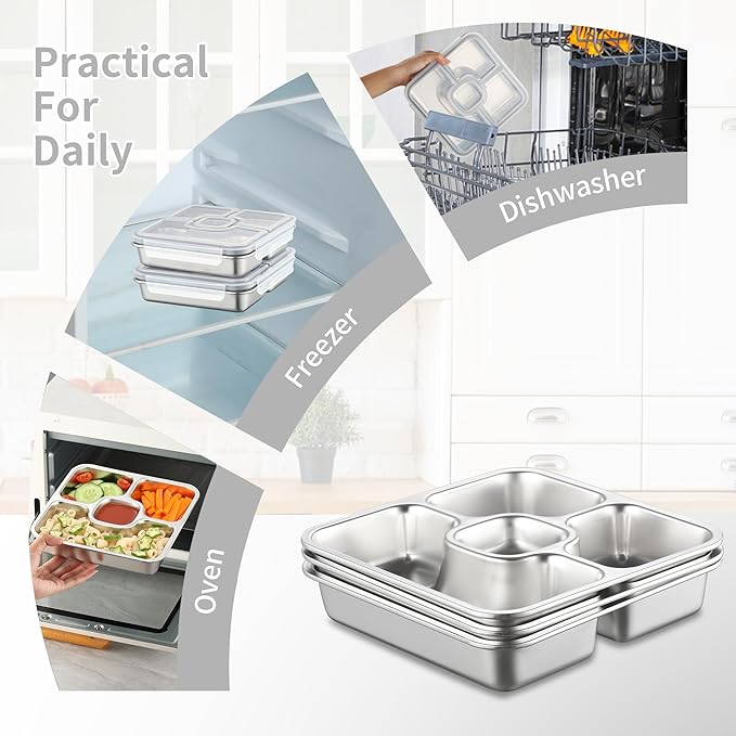 BEFOY Stainless Steel Snack Containers with Lids 4 Pack Lunchable Meal Prep Containers Reusable Meal Prep Lunch Containers for Adult Divided Stackable Bento Lunch Box for Home Travel (3, Gray, Large)