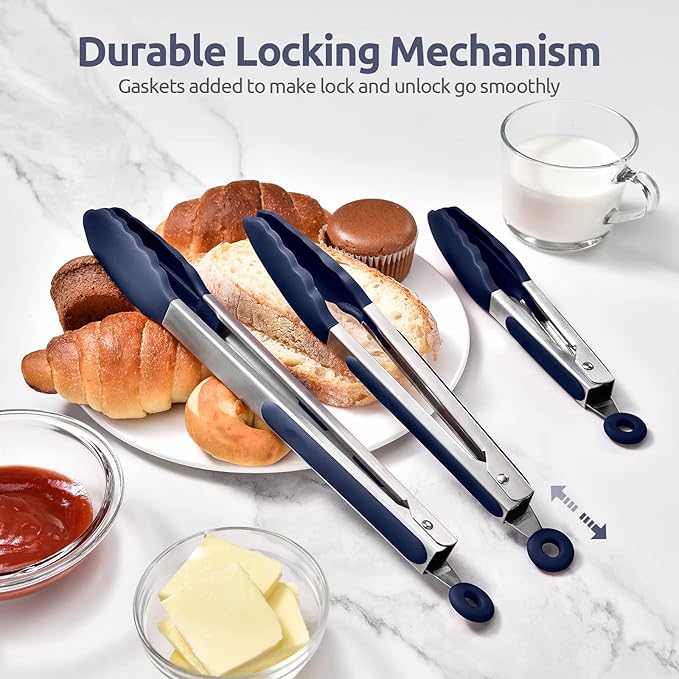 600ºF Heat Resistant Kitchen Tongs: U-Taste 7/9/12 inch Silicone Cooking Tong Set with Non Stick Rubber Tips and Silicon Coated 18/8 Stainless Steel Handle for Serving Grilling Salad(Midnight Blue)