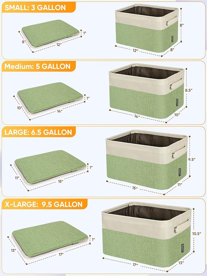 3 Pack Fabric Closet Storage Bins for Shelves, Green, 12"x8"x8"