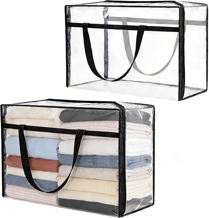 60L Clear Storage Bags Plastic Blanket Storage Bag Foldable Moving Organizers Containers with Zipper for Bedding Blanket Clothes Under Bed Holder - 2 Pcs