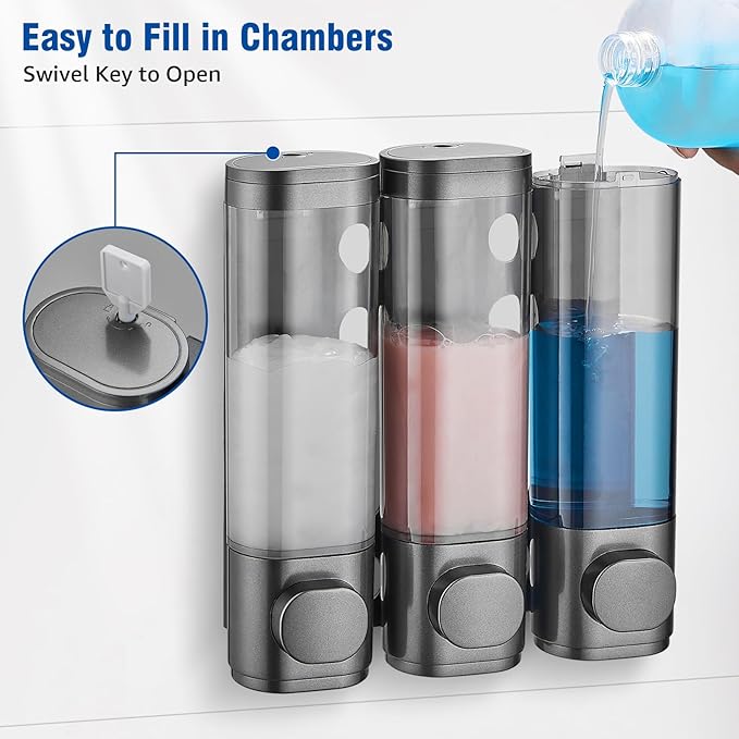 Shampoo and Conditioner Dispenser 3 Chamber No Drill,Shower Soap Pump Dispenser Wall Mounted,Body Wash Dispenser,Shower Gel Shampoo Holder for Bathroom Accessories,Gungrey