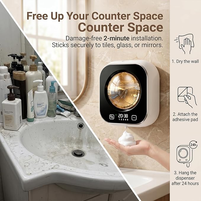 Automatic Foam Soap Dispenser Bathroom,Wall Mounted Touchless Foaming Soap Dispenser Rechargeable with Smart LCD Display & 5-Level Adjustable Foam,Electric Dispenser for Kitchen Office (White)