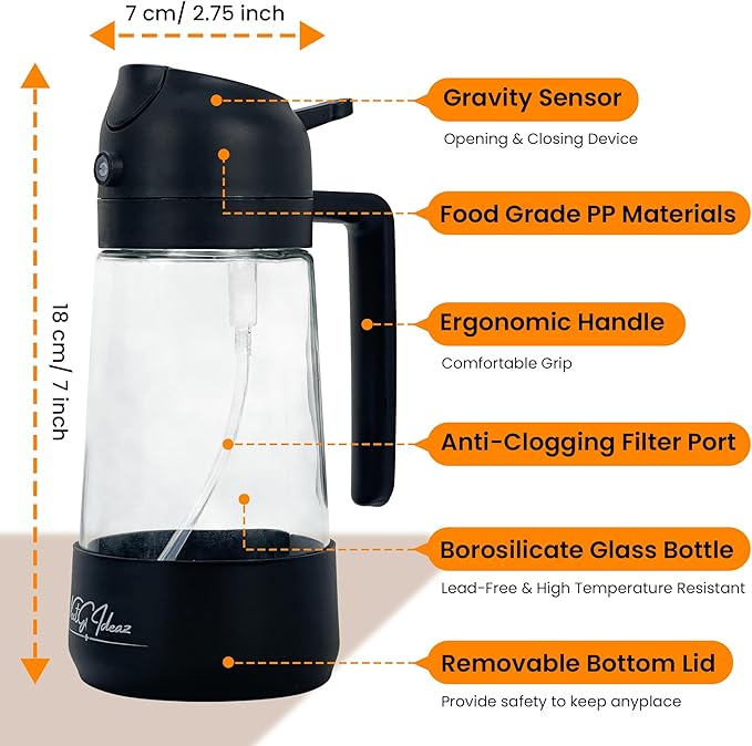 Oil Dispenser, 2 In 1 Cooking Oil Sprayer and Pourer, Non-Drip Spout for Kitchen Oil, Air Fryer, Salad, Grill, 16oz/470ml with Silicone-Encased Base (Black Cap, Clear Bottle)