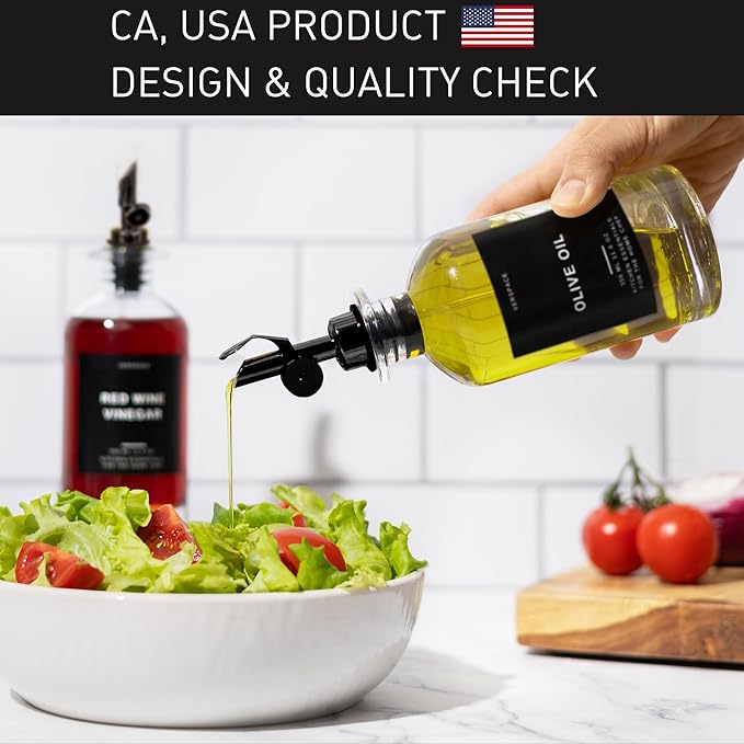 Verspace - Clear Glass Olive Oil Dispenser Bottles For Kitchen With Silicone Tray & 40 Labels, Soy Sauce Dispenser, Coffee Syrup Dispenser, Olive Oil Bottles Set Of 2, Black