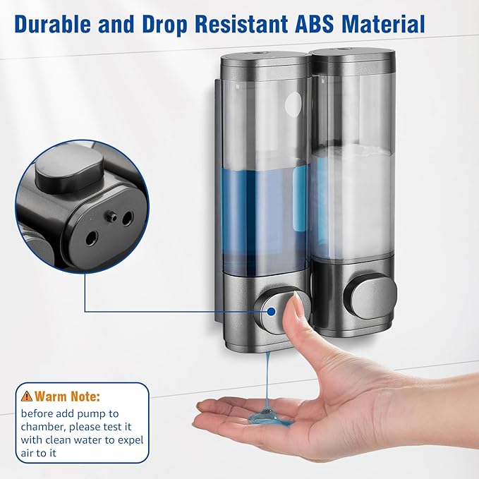 Shampoo and Conditioner Dispenser 2 Chamber No Drill, Shower Soap Pump Dispenser Wall Mounted, Body Wash Dispenser for Shower, Shower Gel Dispenser Shampoo Holder for Bathroom Accessories, Gungrey