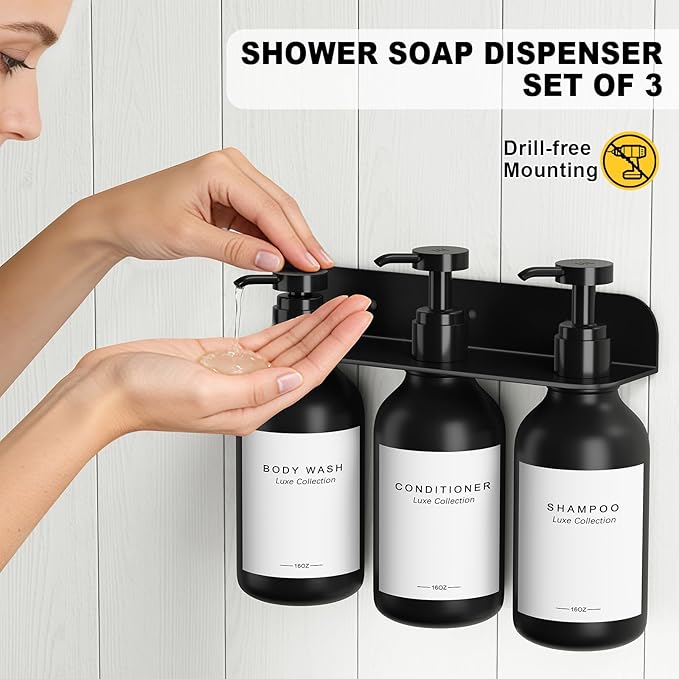 Refillable Shampoo and Conditioner Dispenser Set of 3 - Wall Mounted No Drill Pump with Bottles, 3 Chamber for Shower Soap and Body Wash Dispenser with Labels, Matte Black Bottle for Bathroom (16oz)