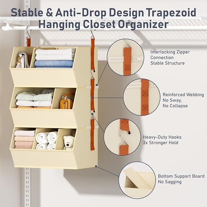 Hanging Closet Organizer Extra Large, Clothes Hanging Shelves for Closet with Divider, Collapsible Closet Storage System, Fabric Storage Bins for Home
