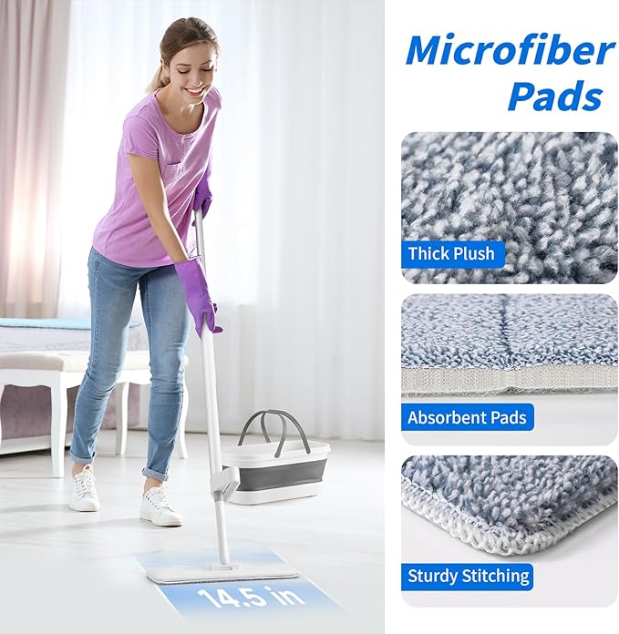 Oshang Flat Mop and Collapsible Bucket OG7 with Wheels, 2 Washable Reusable Microfiber Pads, Pure White