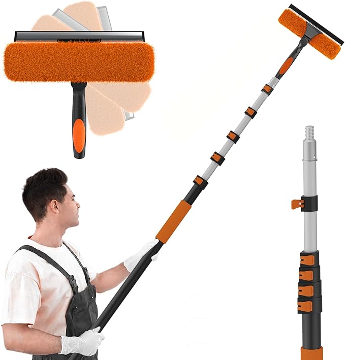 SISUPASSIE 30FT Reach 2-in-1 Window Squeegee, Professional Window Washing Kit with 5-24FT Extension Pole for Home
