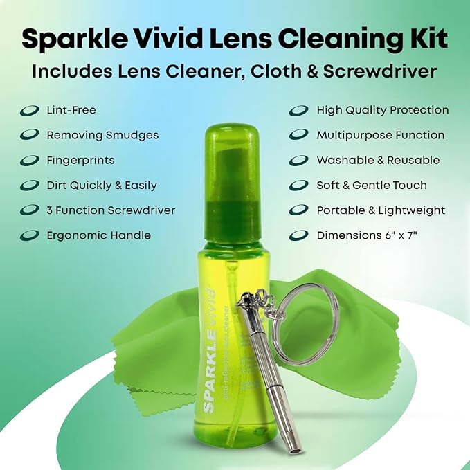 Sparkle Vivid Anti-Reflective Safe Lens Cleaner & Repair Kit – (2) 2oz Glasses Cleaner Spray, (2) Microfiber Cloth & Keychain Screwdriver for Eyeglasses, Sunglasses, Lenses & Screens (5 Piece Set)