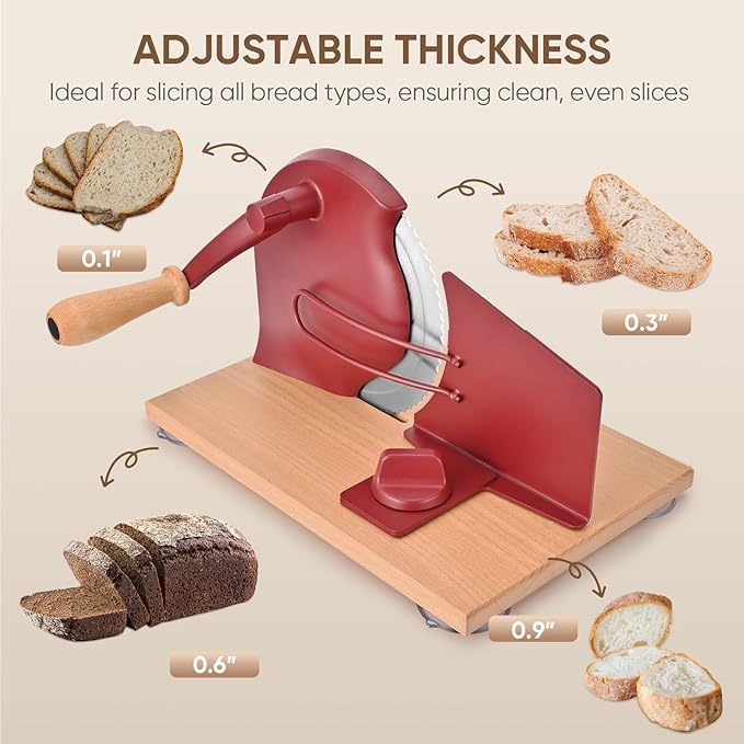SOWKIPE Manual Bread Slicer with Hand Crank, Classic Home Bread Slicer for Homemade Sourdough, Rotary Slicer with Adjustable Thickness, Premium Stainless Steel & Powerful Suction Cups (Red)