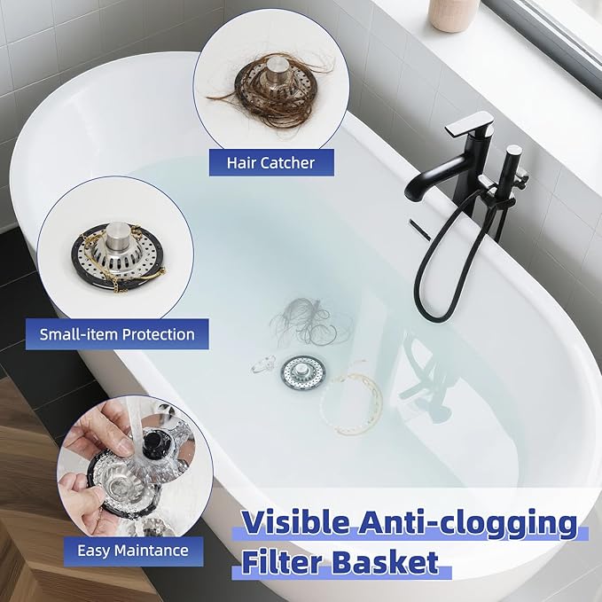 Metal 2 Pack Bathtub Drain Stopper with Top Hair Catcher, Innovative 3 in 1 Pop-up Bathtub Strainer