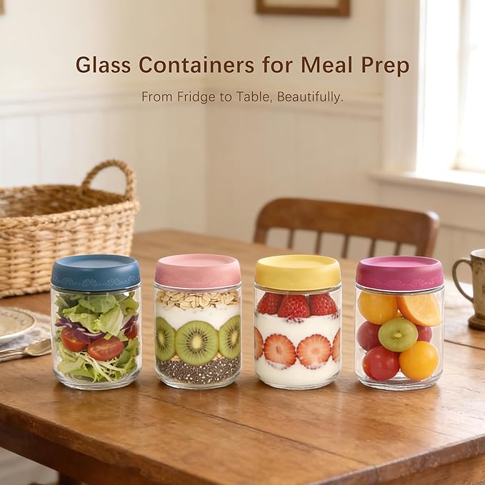 16 OZ 8 Pack Overnight Oats Jars with Airtight Lids and Jar Sleeve, Glass Containers for Meal Prep, Leak-Proof Food Storage Jars for Yogurt