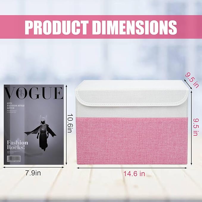 Bagnizer Large 22 Quart Linen Fabric Foldable Storage Bin Cube Organizer Basket with Flip-Top Lid & Handles, Clothes Blanket Box for Home, Office, Closet, Pink & White, 4 Pack 14.6 x 9.5 x 9.5
