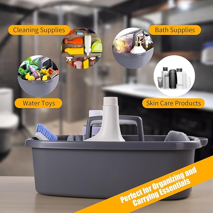 2-Pack Large Gray Cleaning Caddy for Cleaning Supplies with Handle - Portable Plastic Tote Organizer for Shower, Bathroom, Kitchen, Under Sink Storage