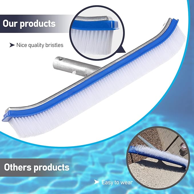 Swimming Pool Wall Tile Brush,18" Polished Aluminum Back Pool Scrub Brush Head Designed for Cleans Walls, Tiles & Floors, Nylon Bristles Algae Pool Brush Head with EZ Clips