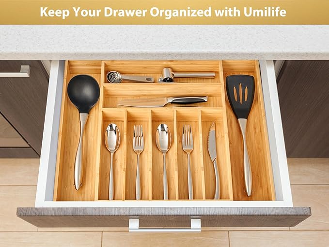 Umilife Large Expandable Kitchen Silverware Utensils Drawer Organizer, 2.5" Extra High Adjustable Drawer Divider with Curved Grooves, Bamboo Wood Cutlery Tray Flatware Holder