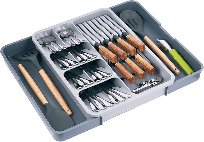 Kitchen Utensil Drawer Organizer, Removable 2-Tier Knife Holder, Expandable Cutlery Tray for Silverware, Flatware and Utensils, Large Kitchen Drawer Dividers for Spoons, Forks, Knives, Gray