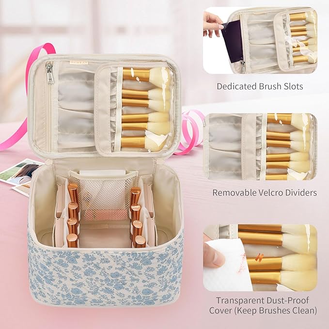OCHEAL Travel Makeup Bag, Cosmetic Bags for Women Makeup Case Organizer Large Capacity Travel Toiletry Bag Storage Bags with Divider and Handle for Cosmetics Toiletries Brushes Tools-Blue Floral