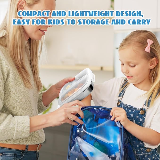 2 Pack Stainless Steel Snack Containers, 3 Compartments Reusable on the go Bento Box with Lids for Kids, Lunch Box Pre Meal Storage for School Office Outdoor Camping Travel - White & Blue