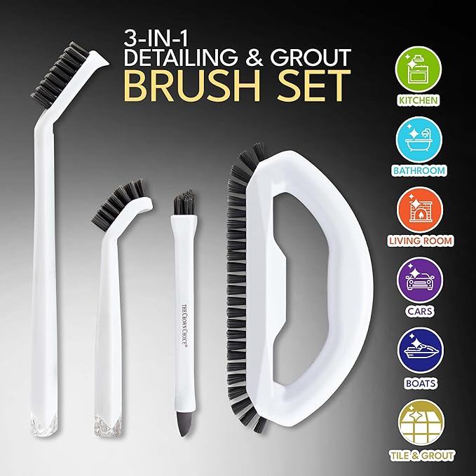 Grout Cleaning Brush Set (4 Pcs) Heavy Duty Hand Grout Scrub Brush & Detail Cleaning Brush Set for Baseboards,Floor, Corners, Shower, Bath Tub & Tiles