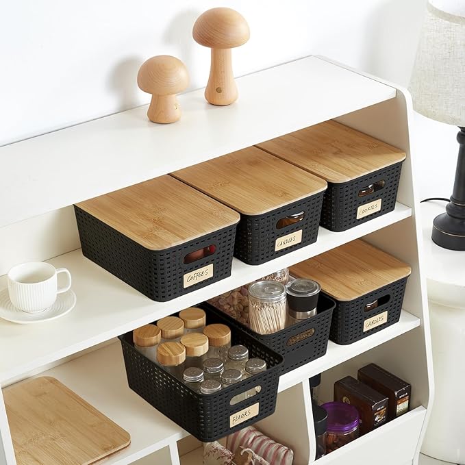 Bagnizer Small Plastic Storage Bins with Bamboo Lids 5.2qt Stackable Box Basket Pantry Decorative Containers Cute with Labels for Organizing Desktop