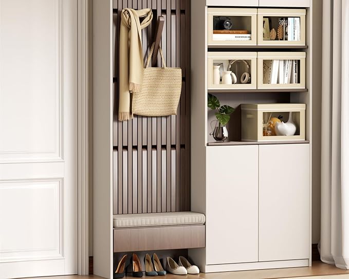 Homsorout Collapsible Storage Bins with Lids - Stackable Storage Containers with Window, 6 Pack Fabric Organizing Bins for Closet, Home & Office Organization Baskets, Beige, 14.9" x 9.8" x 9.8"