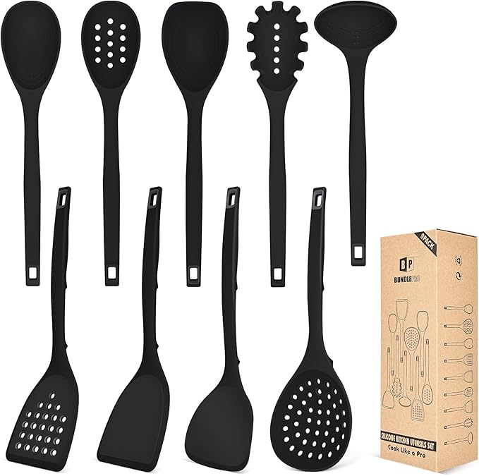 Silicone Cooking Utensils Set, 9 Pcs Heat Resistant Kitchen Utensils with Back Hooks, BPA Free Kitchen Tools with Spatulas, Spoons, Skimmer and Pasta Fork for Non Stick Cookware (BLACK)