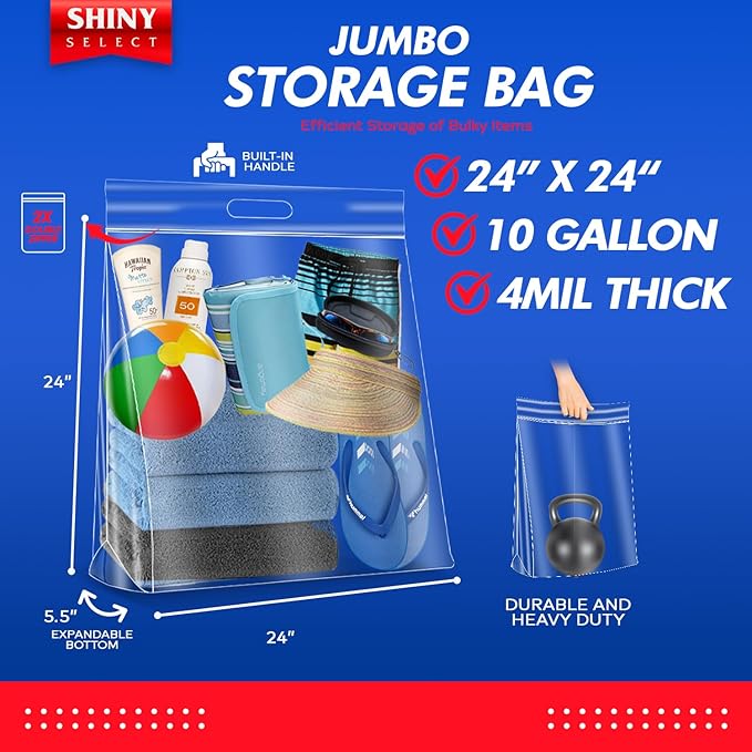 10 Gallon Jumbo Storage Bag With Handle & Resealable Zipper Top Huge Size 24" x 24",12 Clear Big Plastic Bags Extra Large XL, 4 Mil Thick Heavy Duty for Linen, Baby, Sports