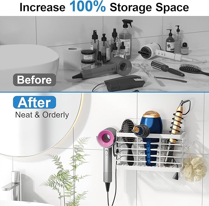 Hair Tool Organizer, 2026 Upgraded 3-in-1 Universal Hair Dryer Holder, White