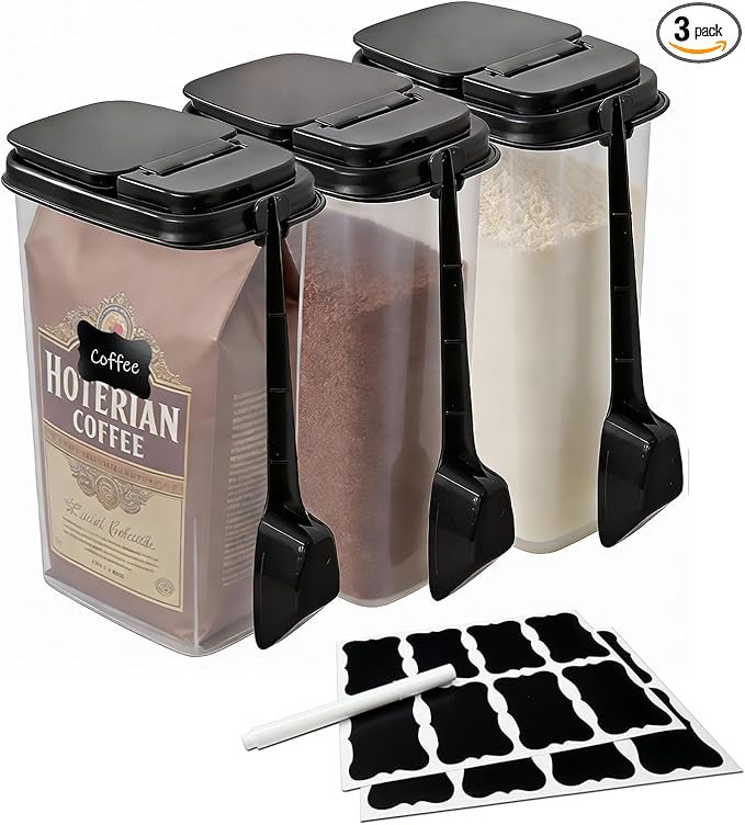 3-Pack 1500ml (51 oz) Airtight Food Storage Containers with Scoop, Soft-White Translucent Design Canisters for Coffee, Tea, Sugar, Flour & Cereal | Includes Marker & Labels