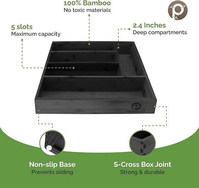 Pristine Bamboo Silverware Organizer, 5-Slots, Black